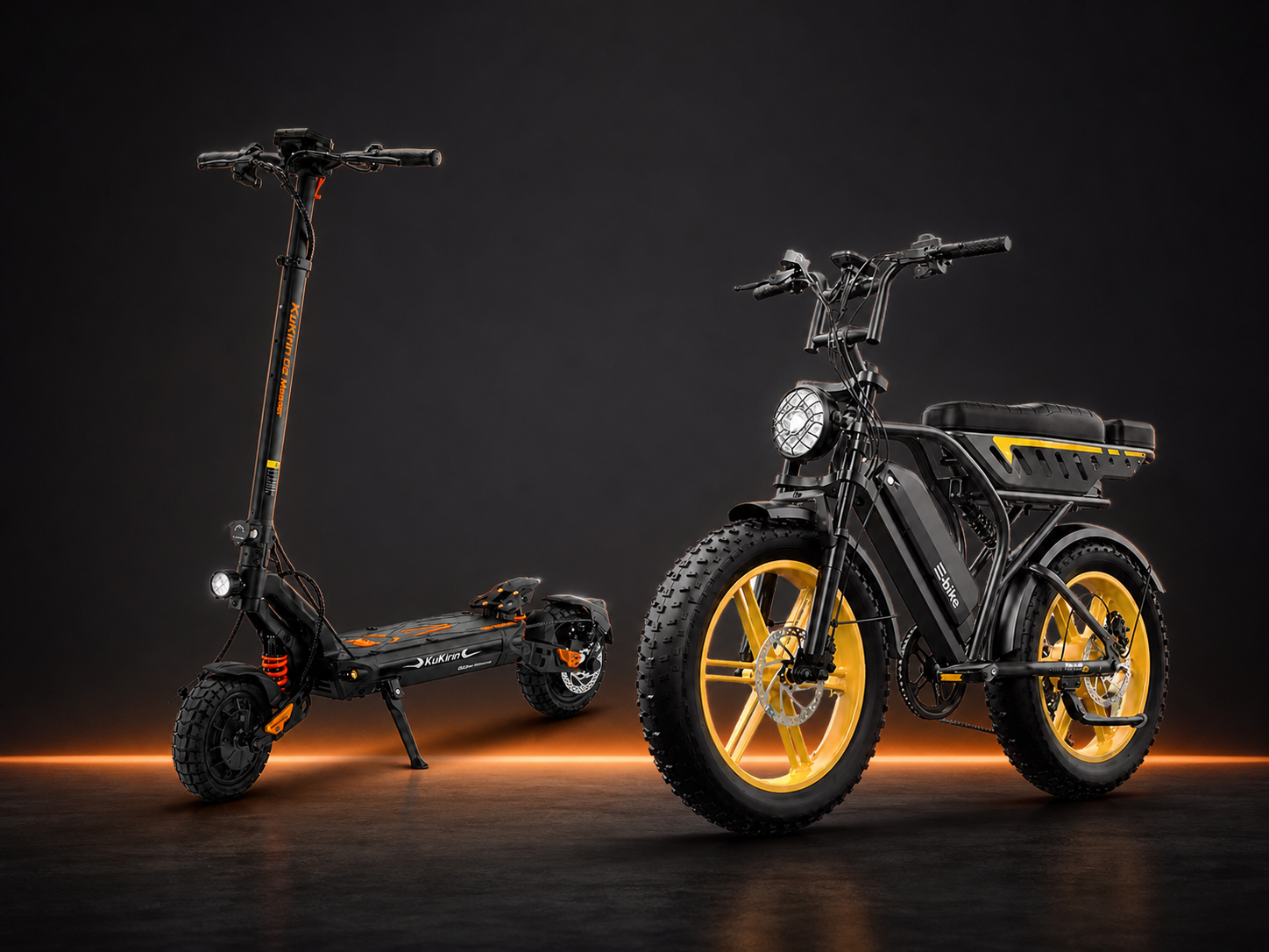 KuKirin G2 Master E-Scooter und eRides X9 Ultra Fat-Tire E-Bike vor dunklem Hintergrund