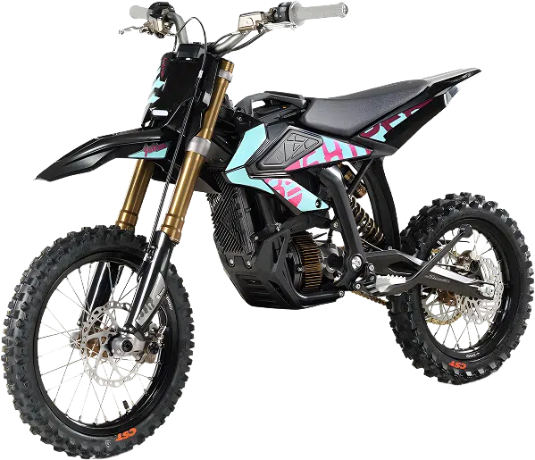 SUR-RON HyperBee Elektro-Dirtbike in Blau-Türkis – freigestellte Front-Seitenansicht