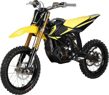 SUR-RON HyperBee Elektro-Dirtbike in Gelb – freigestellte Front-Seitenansicht