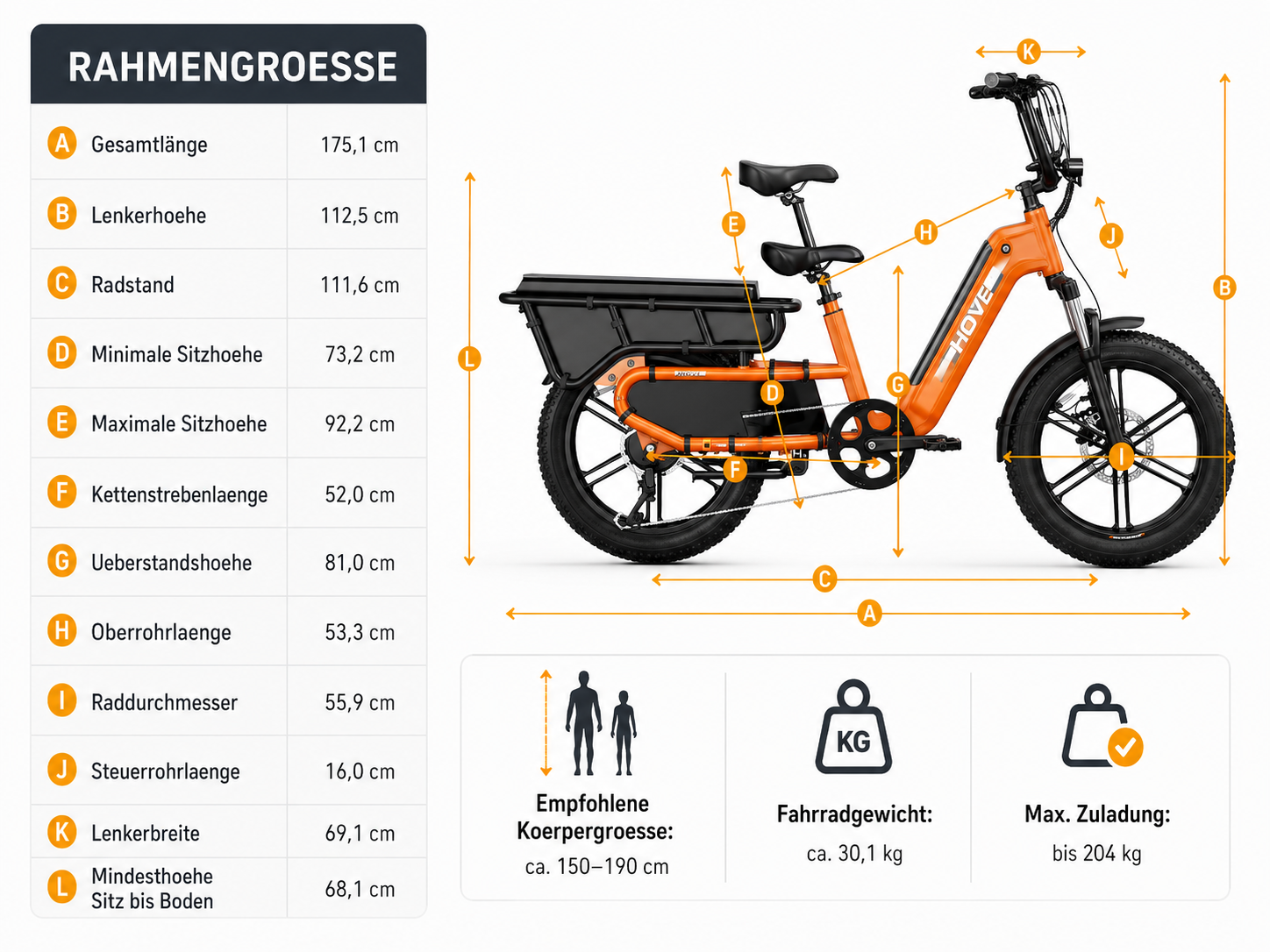 Abmessungen des eRides Hove CargoBike