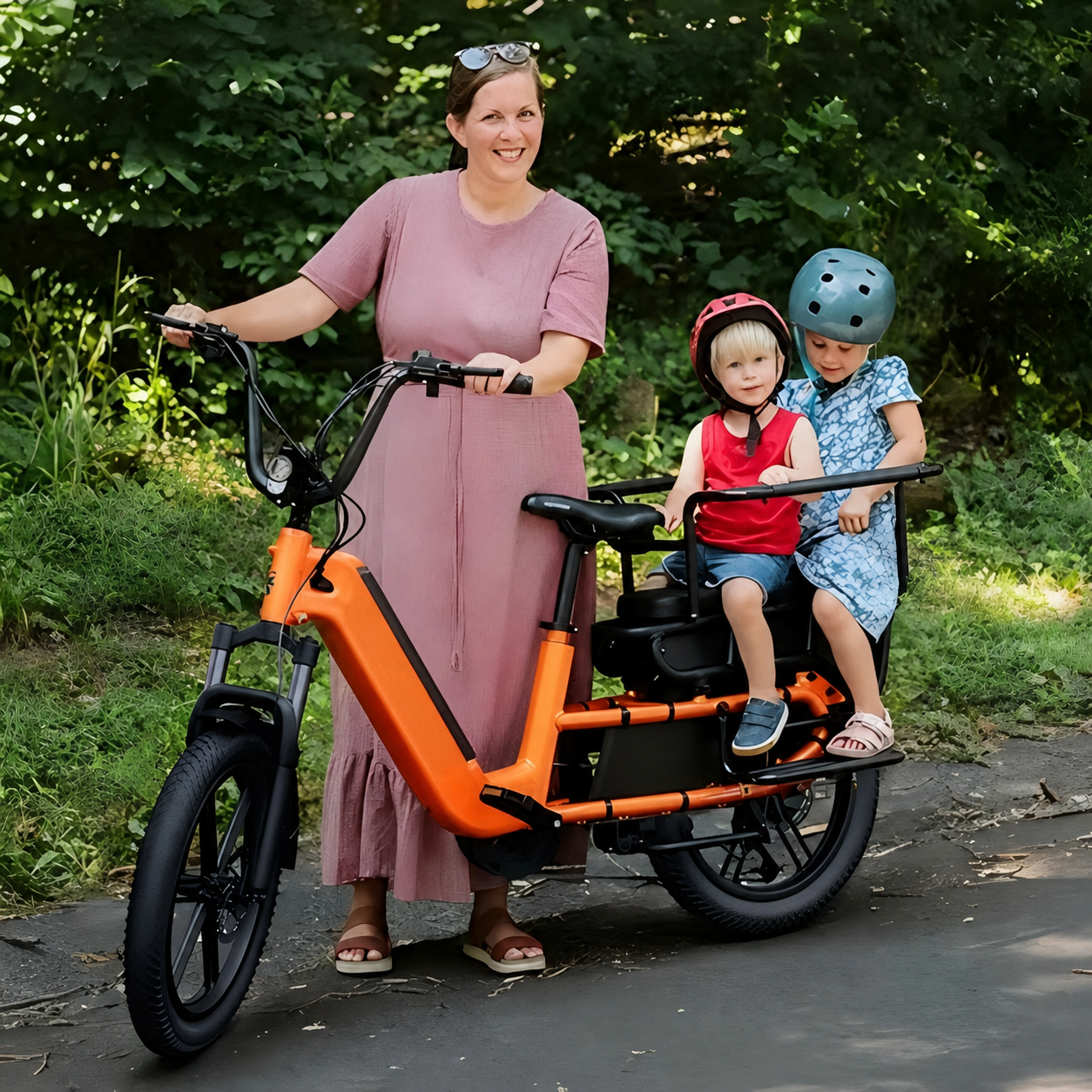 Familie mit dem eRides Hove CargoBike und serienmäßigem Kindersitzsystem